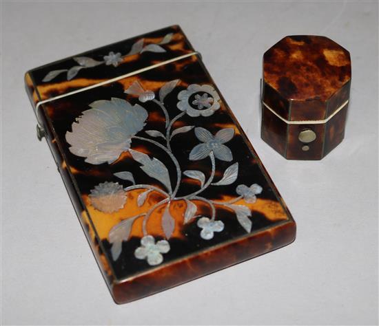 A tortoiseshell & gold thimble with case & a tortoiseshell & mother of pearl card case.